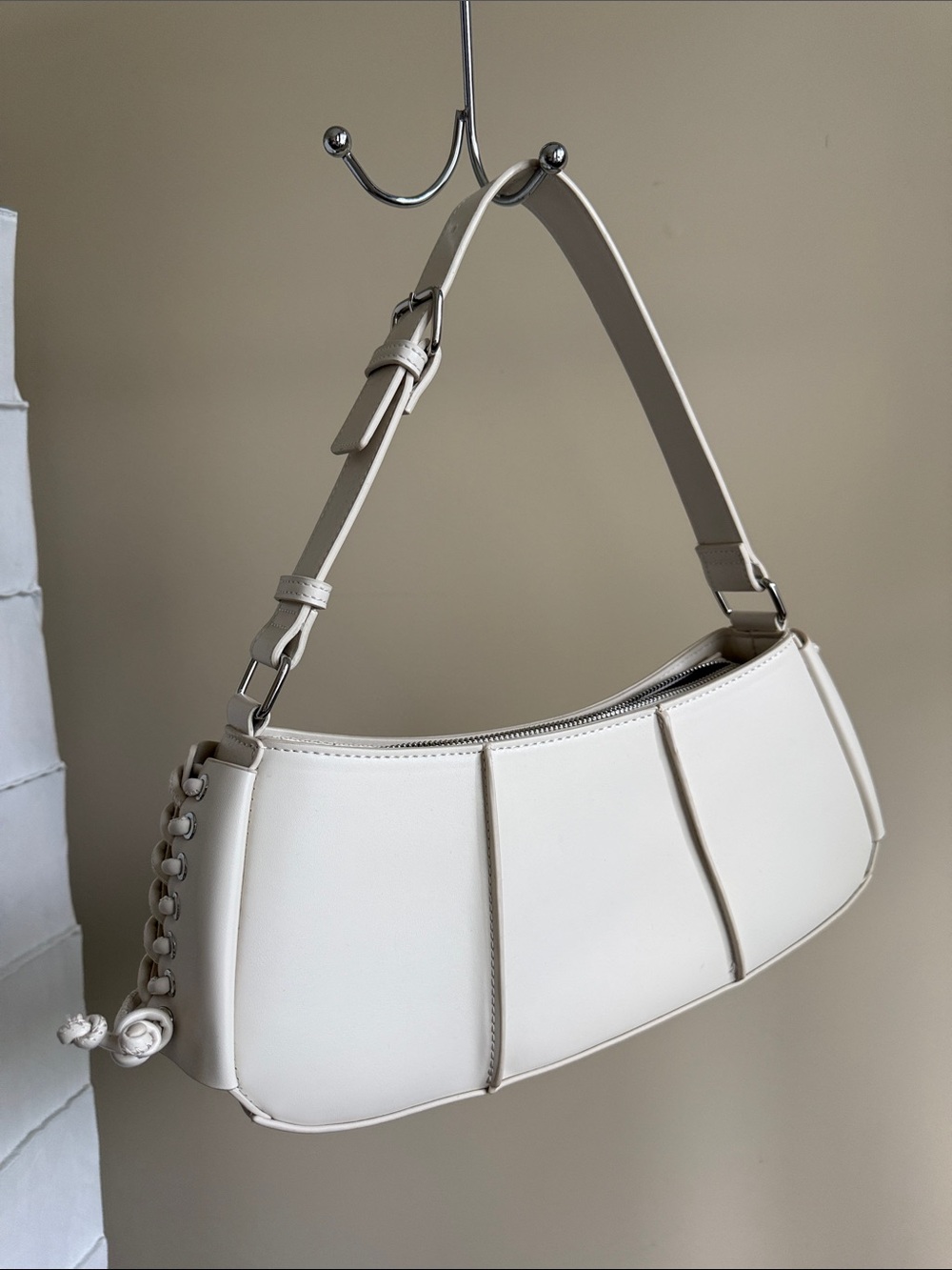 BCBGeneration Cream Structured Shoulder Bag - Lace Up and Buckle Details